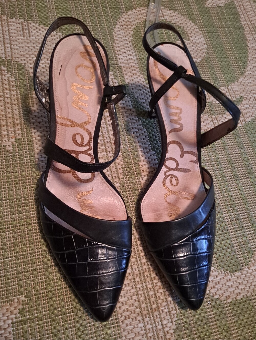 Sam Edelman Black Croc-Embossed Pointed Slingback Heels